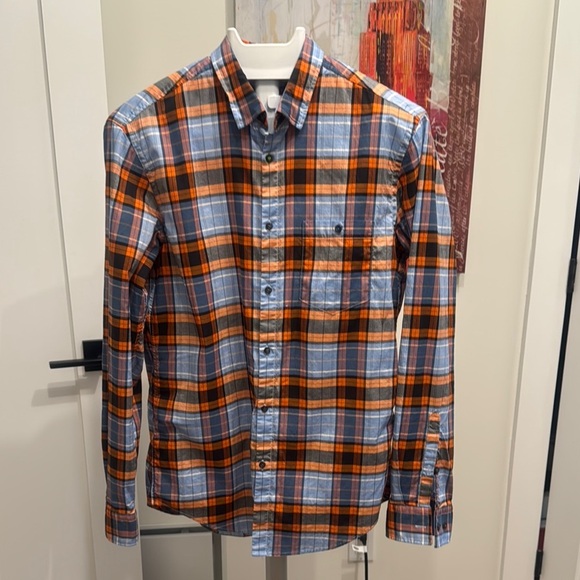 HUGO BOSS Orange and Blue Plaid Regular Fit Stretch Casual Button Down Shirt L - Picture 1 of 7